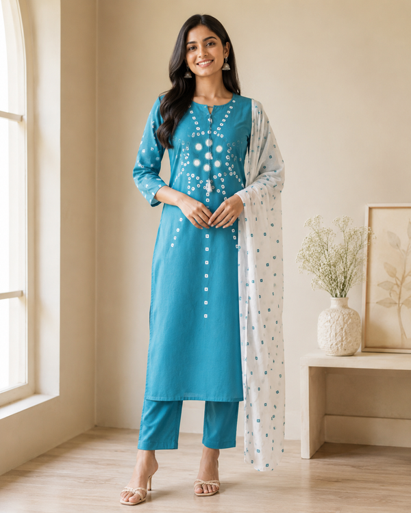 A woman modeling a teal blue three-piece salwar kameez suit with white embroidered details, matching blue pants, and a white dupatta with blue floral prints.