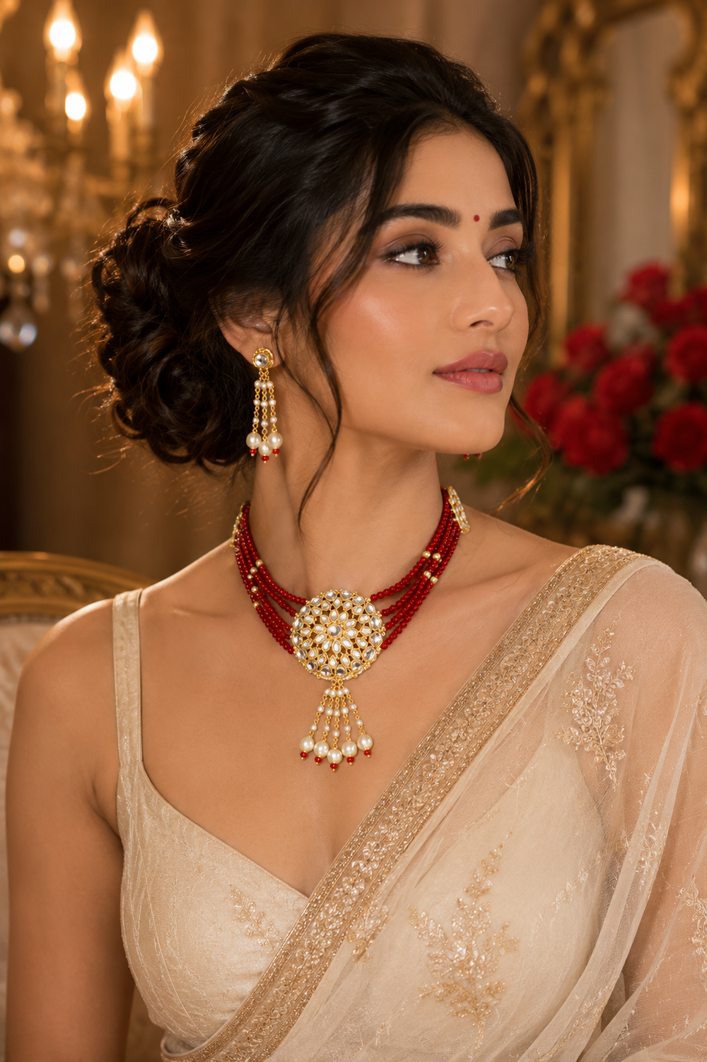 A red beaded necklace with a gold-toned, pearl-embellished circular pendant is displayed on a cream jewelry bust, alongside matching gold and pearl dangle earrings on a small stand against a white background.