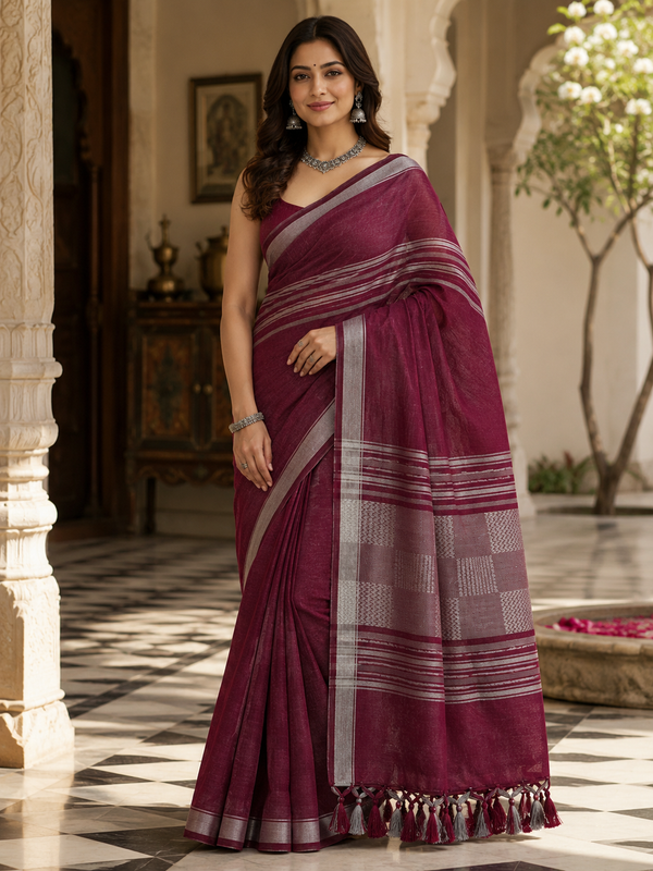 Dark Maroon Striped Jaipur Cotton Saree with Handwoven Rajasthani Craft for Summer Parties and Cultural Celebrations