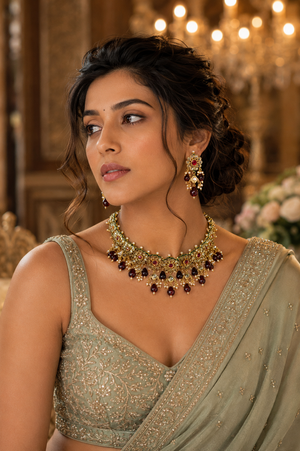 A woman wearing a statement necklace and matching earrings.