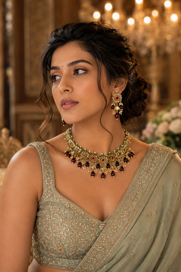 A woman wearing a statement necklace and matching earrings.