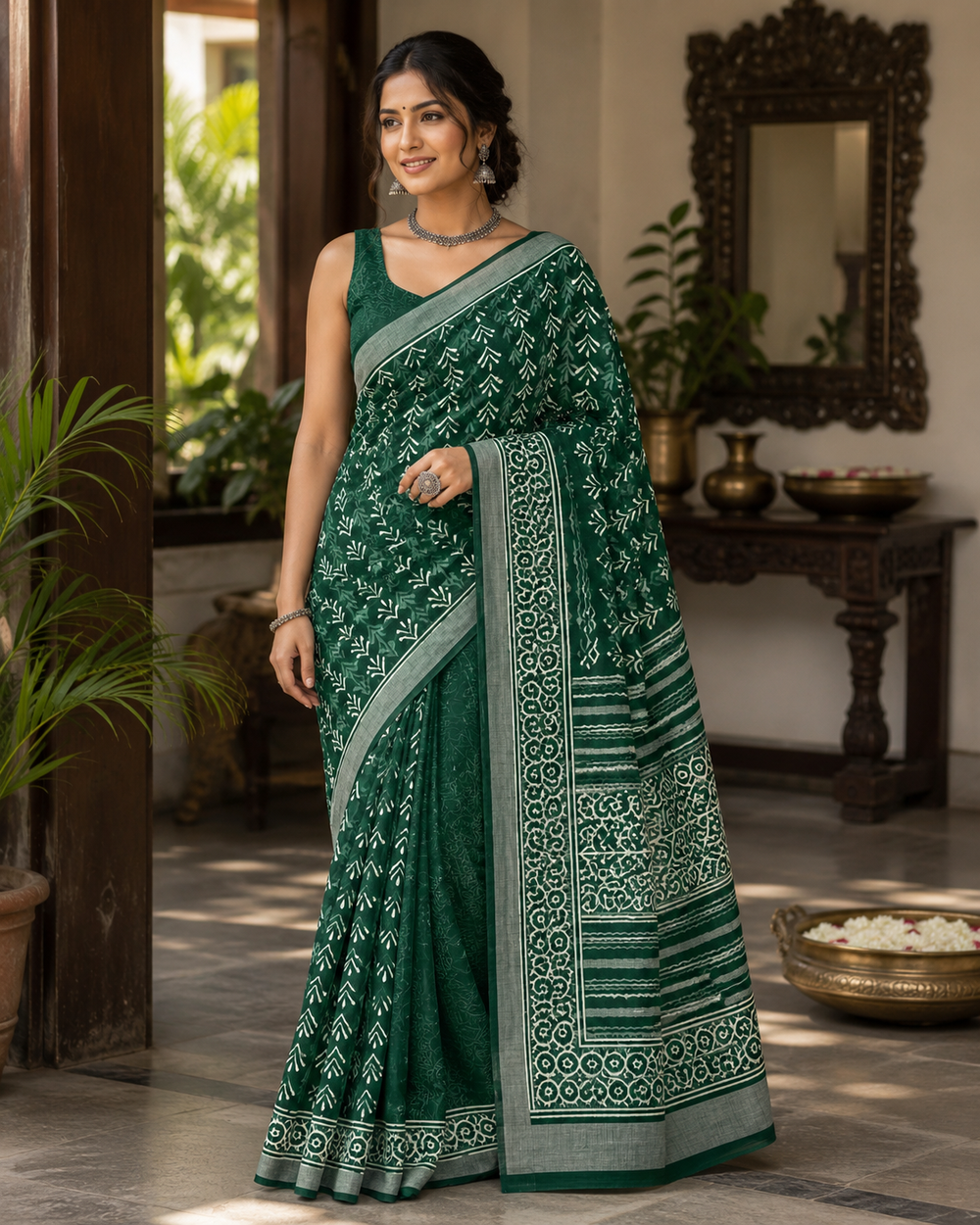 A woman wearing a dark green saree with intricate silver and white geometric patterns.