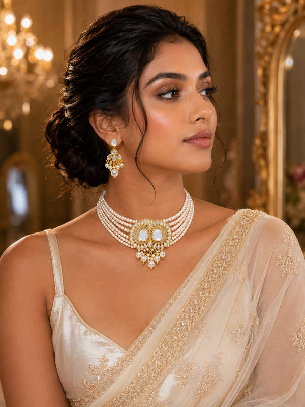 A woman wearing a pearl and gold statement necklace and matching drop earrings.