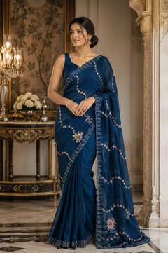 Teal Blue Designer Saree with Multicolour Floral Aari Embroidery for Weddings and Festive Celebrations