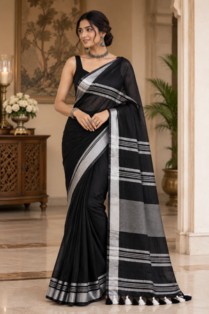 Black Striped Jaipur Cotton Saree with Handwoven Rajasthani Craft for Summer Parties and Cultural Celebrations