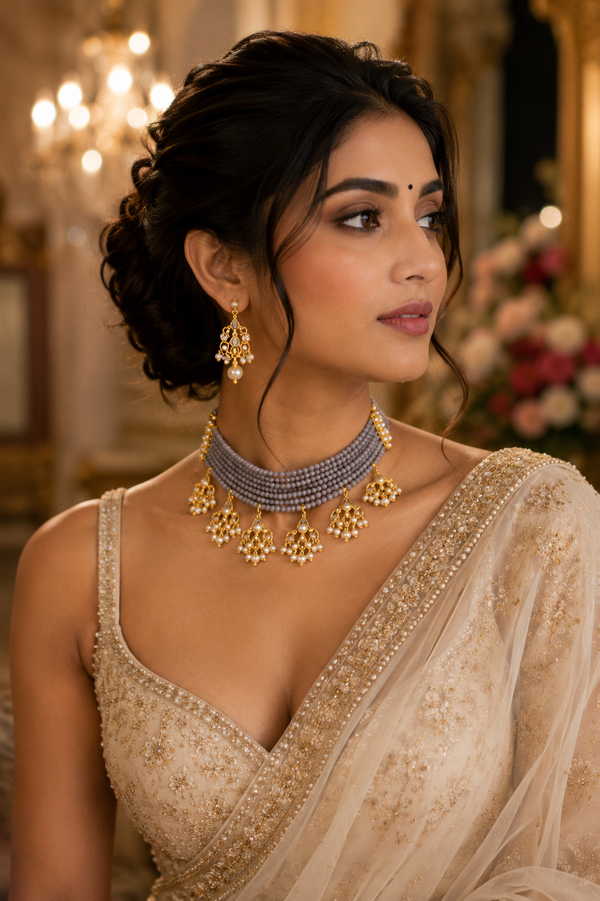 Grey Beaded Kundan Pearl Drop Choker Necklace Set with Chandelier Earrings for Bridal and Festive Occasions