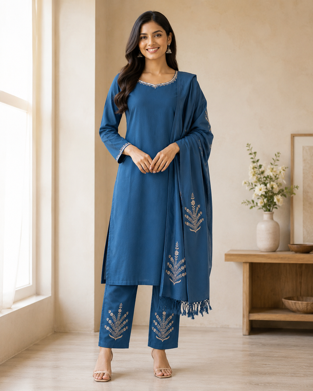 A woman modeling a blue three-piece Indian ethnic suit set with matching pants and a dupatta, featuring silver embroidery.