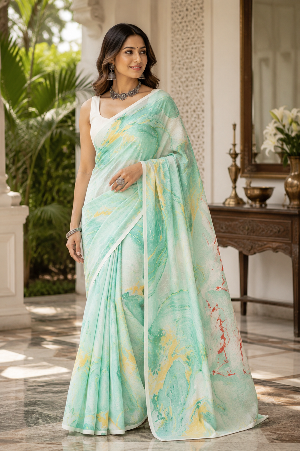 A woman model with a light green border and a marbled print of yellow, red, and green saree. 