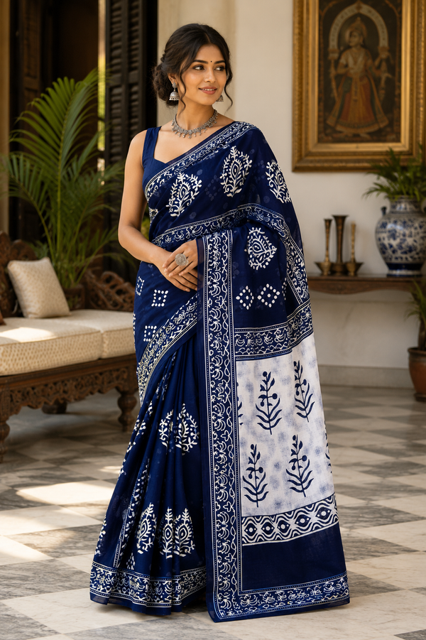 A woman modeling a navy blue and white block-printed saree.