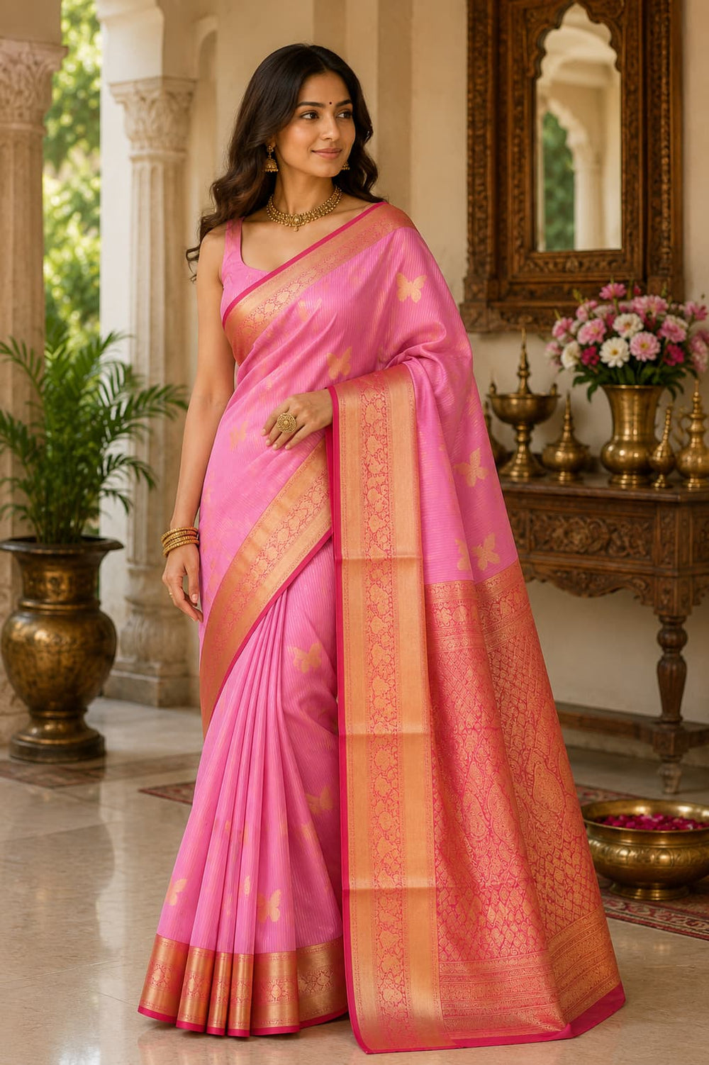 A woman models a vibrant pink silk saree with intricate gold zari woven patterns and borders.