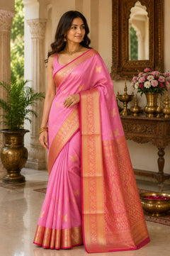 A woman models a vibrant pink silk saree with intricate gold zari woven patterns and borders.