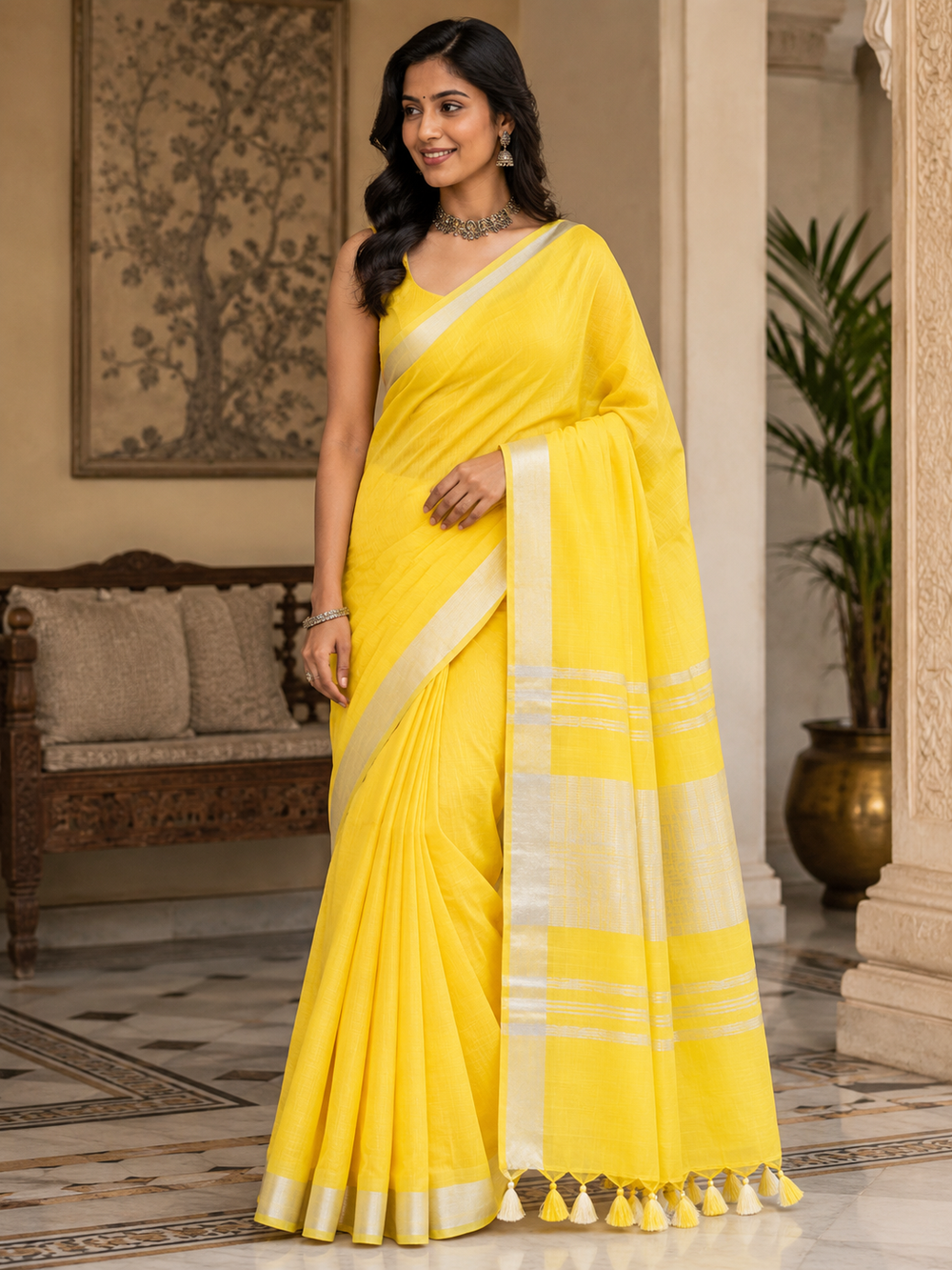 Lemon Yellow Striped Jaipur Cotton Saree with Handwoven Rajasthani Craft for Summer Parties and Cultural Celebrations