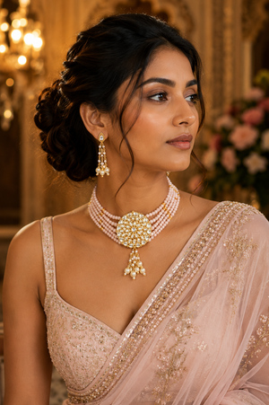 A woman wearing an ornate gold and pearl traditional Indian jewelry set, including a multi-strand pearl necklace with a large circular pendant and matching drop earrings.