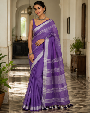 Purple Striped Jaipur Cotton Saree with Handwoven Rajasthani Craft for Summer Parties and Cultural Celebrations
