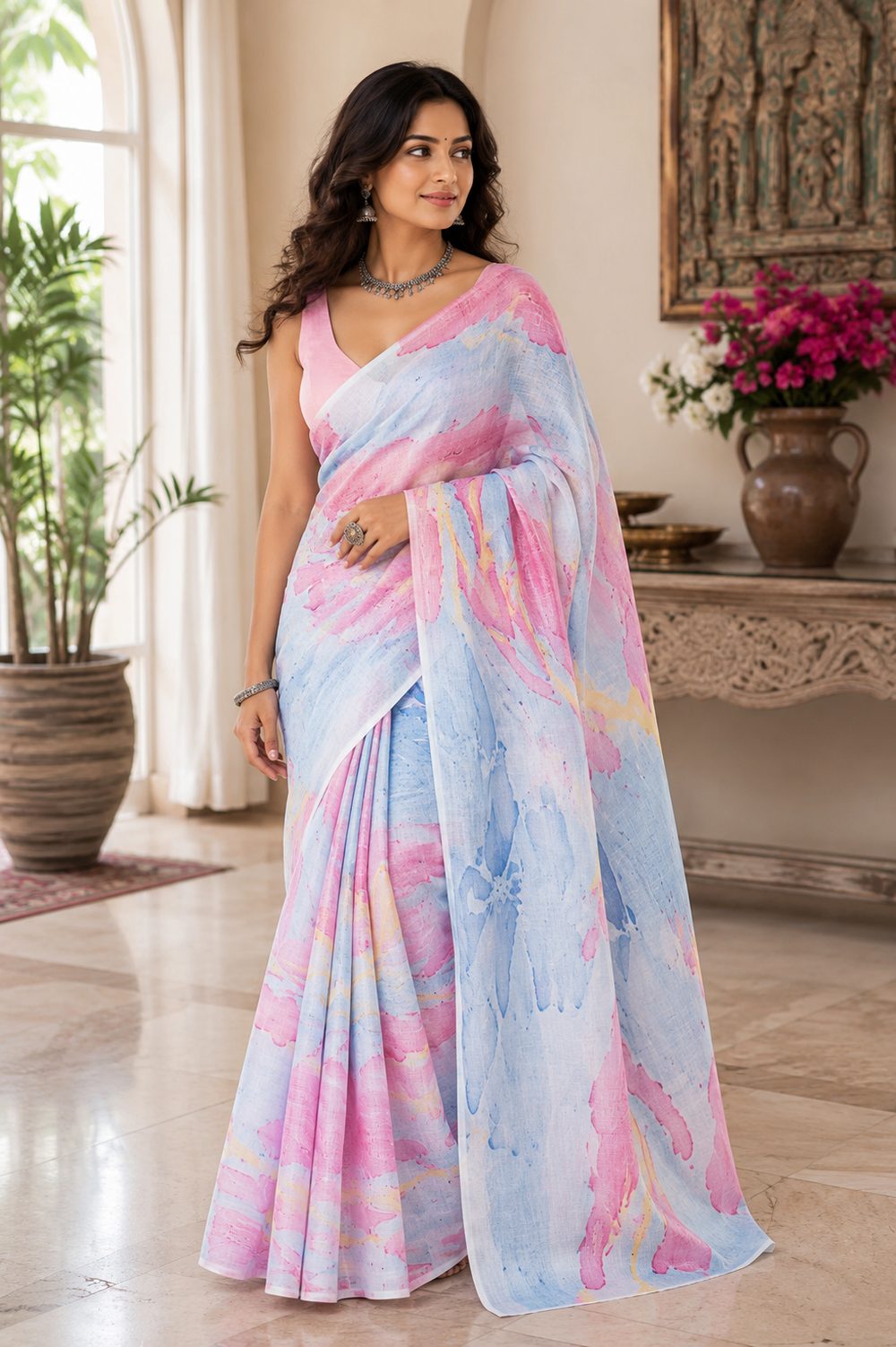 A woman modeling a light blue and pink watercolor-print saree with a running sareeblouse fabric. 