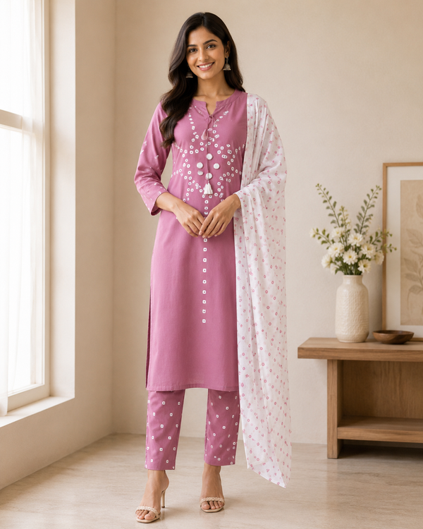A woman models a three-piece pink ethnic suit with a white printed dupatta.