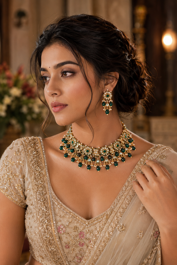 A woman wearing an ornate gold and green gemstone necklace with matching drop earrings.