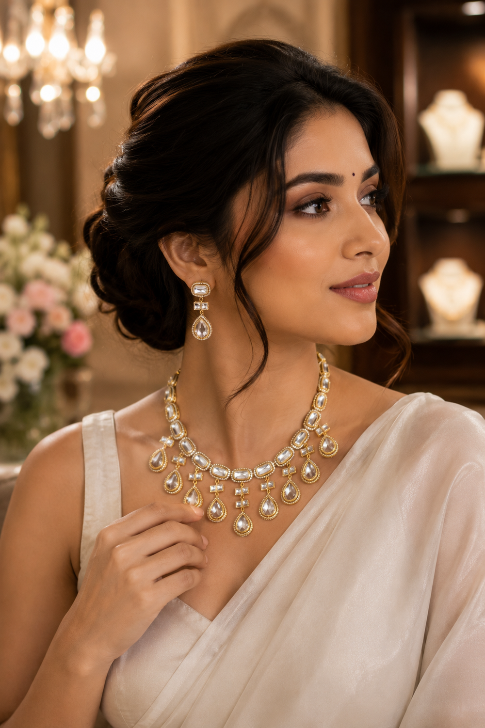Gold-toned jewelry set featuring a statement necklace on a white bust display and matching drop earrings on a white stand.