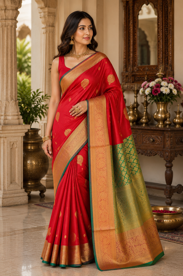 A woman models a red silk saree with gold zari motifs, a green and gold patterned pallu, and a wide gold border.