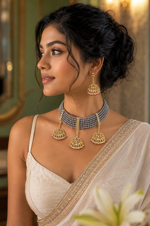A woman wearing a traditional Indian jewelry set featuring a choker necklace and matching earrings with gold-toned jhumka-style drops and gray beaded mesh bands.
