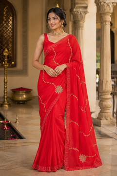 Crimson Red Designer Saree with Gold Aari Embroidery for Weddings and Festive Celebrations