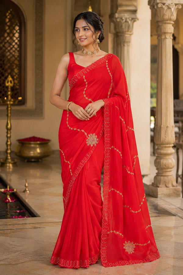Crimson Red Designer Saree with Gold Aari Embroidery for Weddings and Festive Celebrations