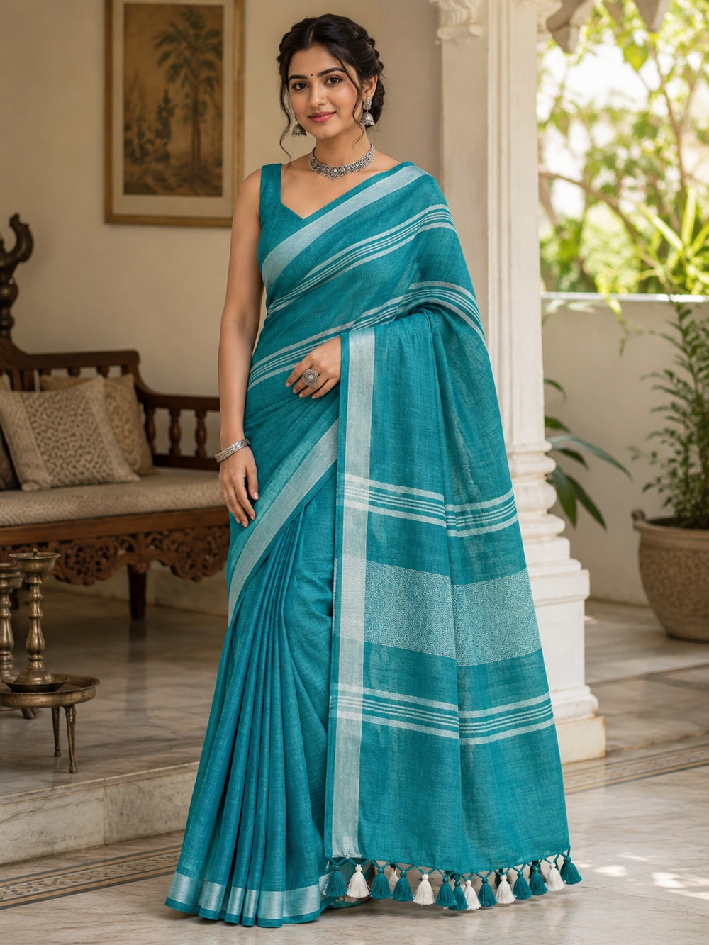 Turquoise Striped Jaipur Cotton Saree with Handwoven Rajasthani Craft for Summer Parties and Cultural Celebrations