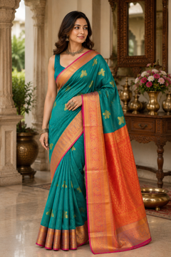 A woman modeling a teal green and orange silk saree with gold floral motifs and a wide orange border.