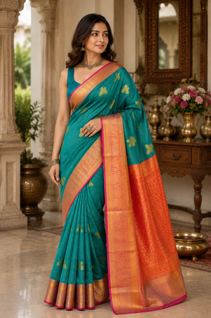 A woman modeling a teal green and orange silk saree with gold floral motifs and a wide orange border.
