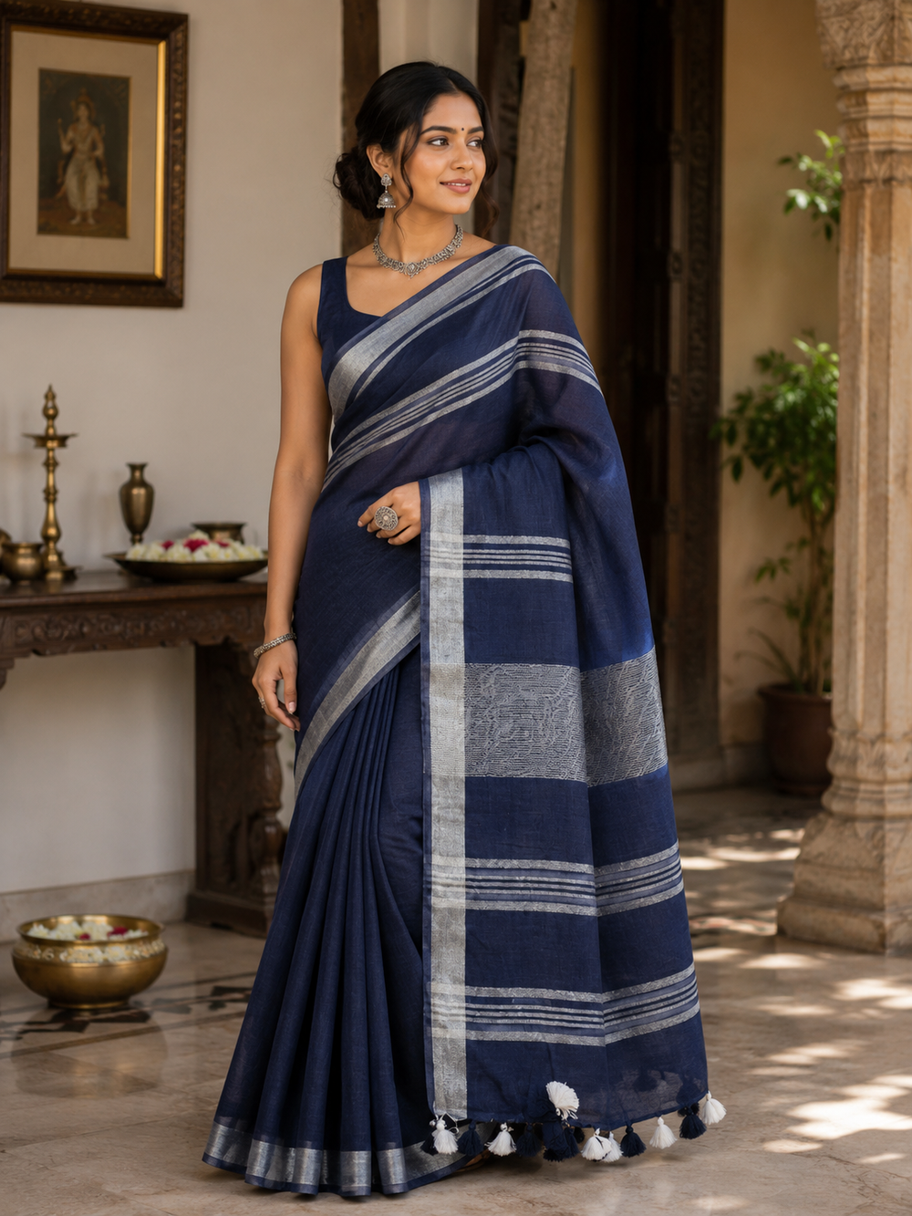 Navy Blue Striped Jaipur Cotton Saree with Handwoven Rajasthani Craft for Summer Parties and Cultural Celebrations