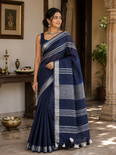 Navy Blue Striped Jaipur Cotton Saree with Handwoven Rajasthani Craft for Summer Parties and Cultural Celebrations