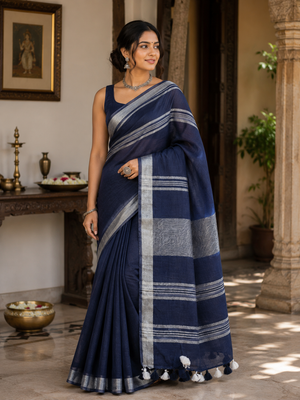 Navy Blue Striped Jaipur Cotton Saree with Handwoven Rajasthani Craft for Summer Parties and Cultural Celebrations