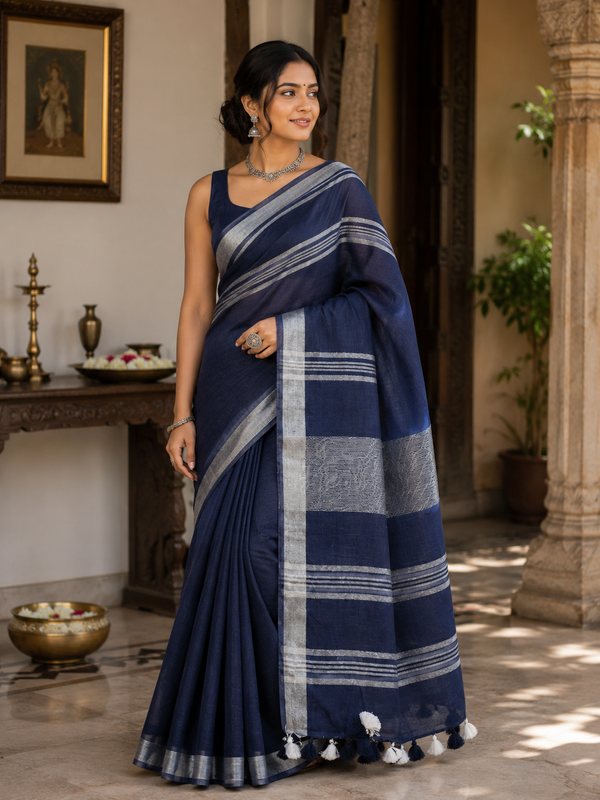 Navy Blue Striped Jaipur Cotton Saree with Handwoven Rajasthani Craft for Summer Parties and Cultural Celebrations