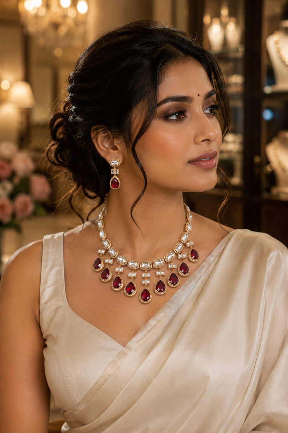 Gold-plated jewelry set featuring a statement necklace and matching drop earrings with red teardrop gemstones and white pearl-like accents.