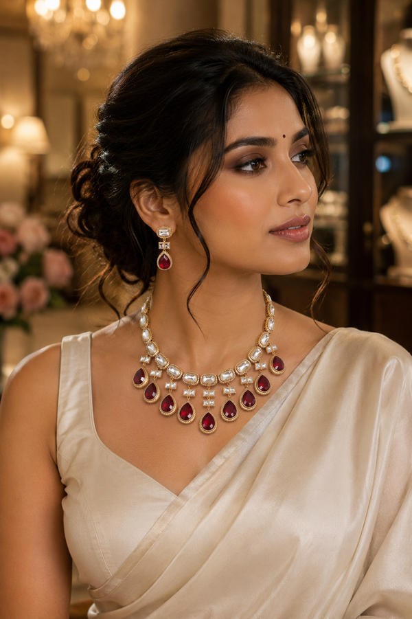 A woman wearing a statement necklace and matching drop earrings with deep red teardrop stones.