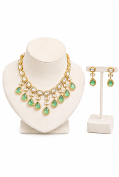 Mint Green Teardrop Kundan Polki Statement Necklace Set with Matching Earrings for Bridal and Festive Occasions