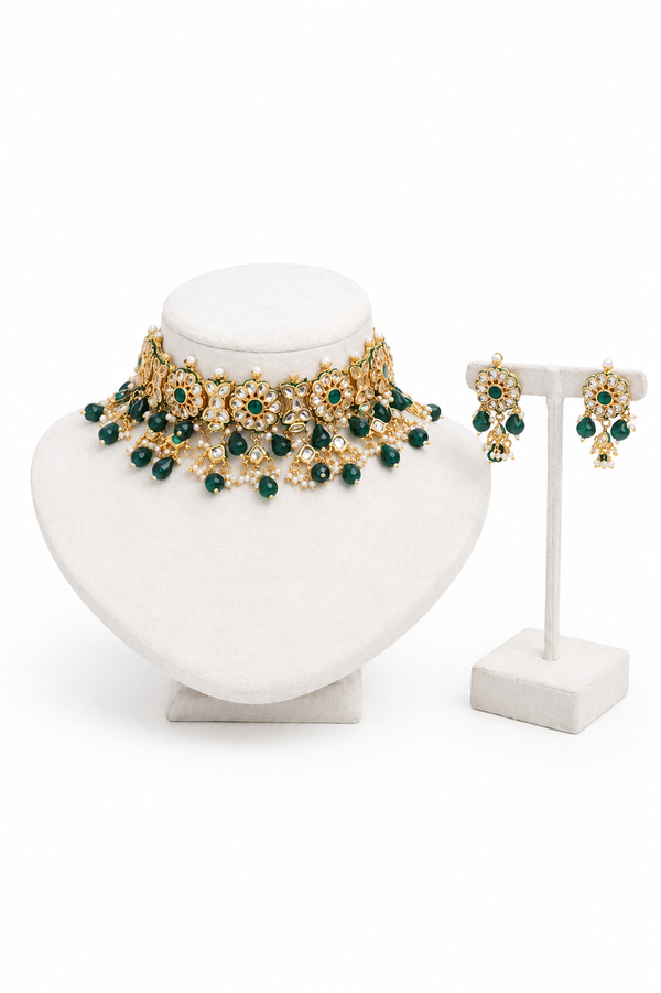 Gold and green beaded jewelry set featuring a choker necklace and matching drop earrings.