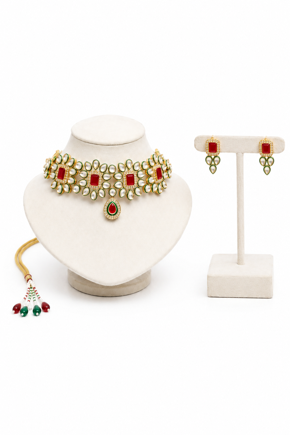 Gold and white & Ruby red stone jewelry set featuring a choker necklace and matching drop earrings.