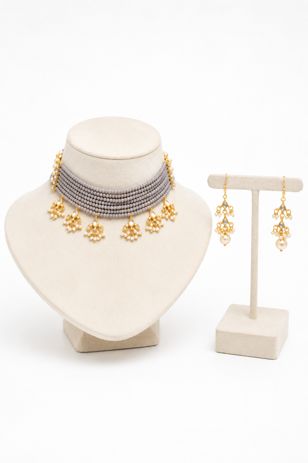 Grey Beaded Kundan Pearl Drop Choker Necklace Set with Chandelier Earrings for Bridal and Festive Occasions