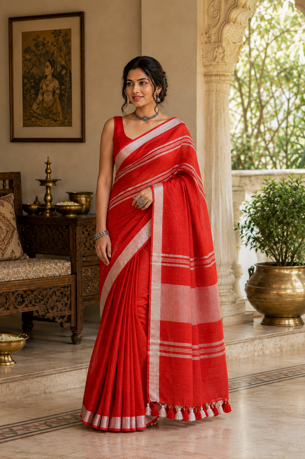 A woman models a bright red saree with white striped borders in an ornate indoor setting with traditional decor.
