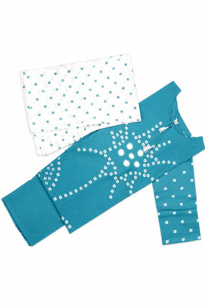 A teal and white ethnic three-piece suit includes a outfit set featuring a teal long-sleeve kurta with white geometric bandhani-style prints and a matching white dupatta with small teal dots.
