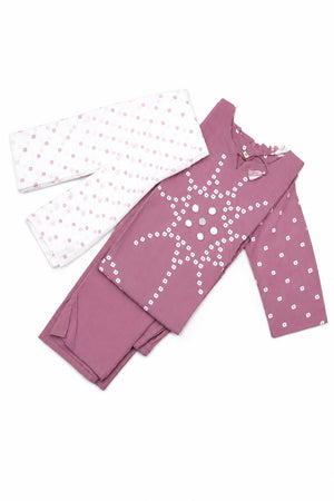 A 3-piece set featuring a dusty rose long-sleeve romper with white polka dots and a matching white wrap dupatta with pink polka dots.