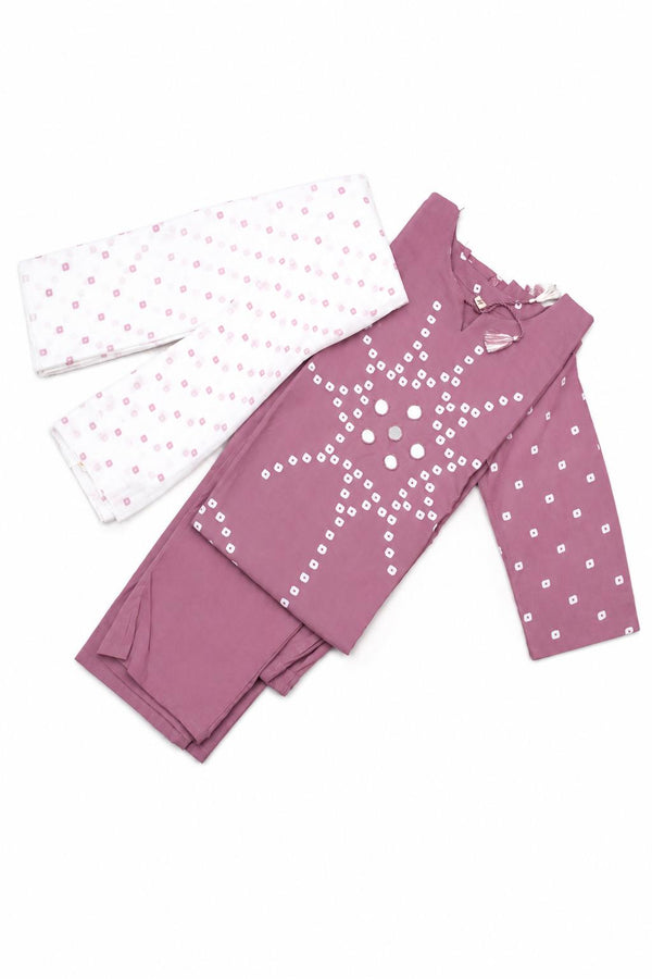 A 3-piece set featuring a dusty rose long-sleeve romper with white polka dots and a matching white wrap dupatta with pink polka dots.