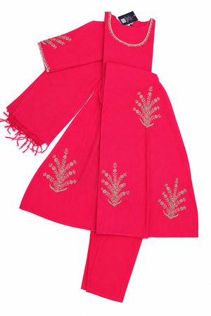 A bright pink traditional Indian outfit set consisting of a kurta, a dupatta, and matching pants, decorated with gold floral embroidery and featuring a fringed sleeve.