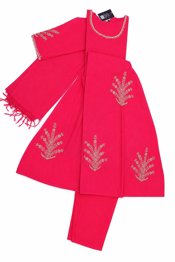 A bright pink traditional Indian outfit set consisting of a kurta, a dupatta, and matching pants, decorated with gold floral embroidery and featuring a fringed sleeve.