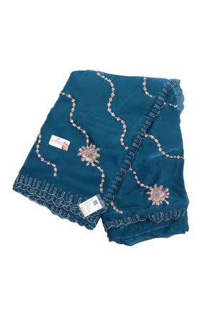 Teal Blue Designer Saree with Multicolour Floral Aari Embroidery for Weddings and Festive Celebrations