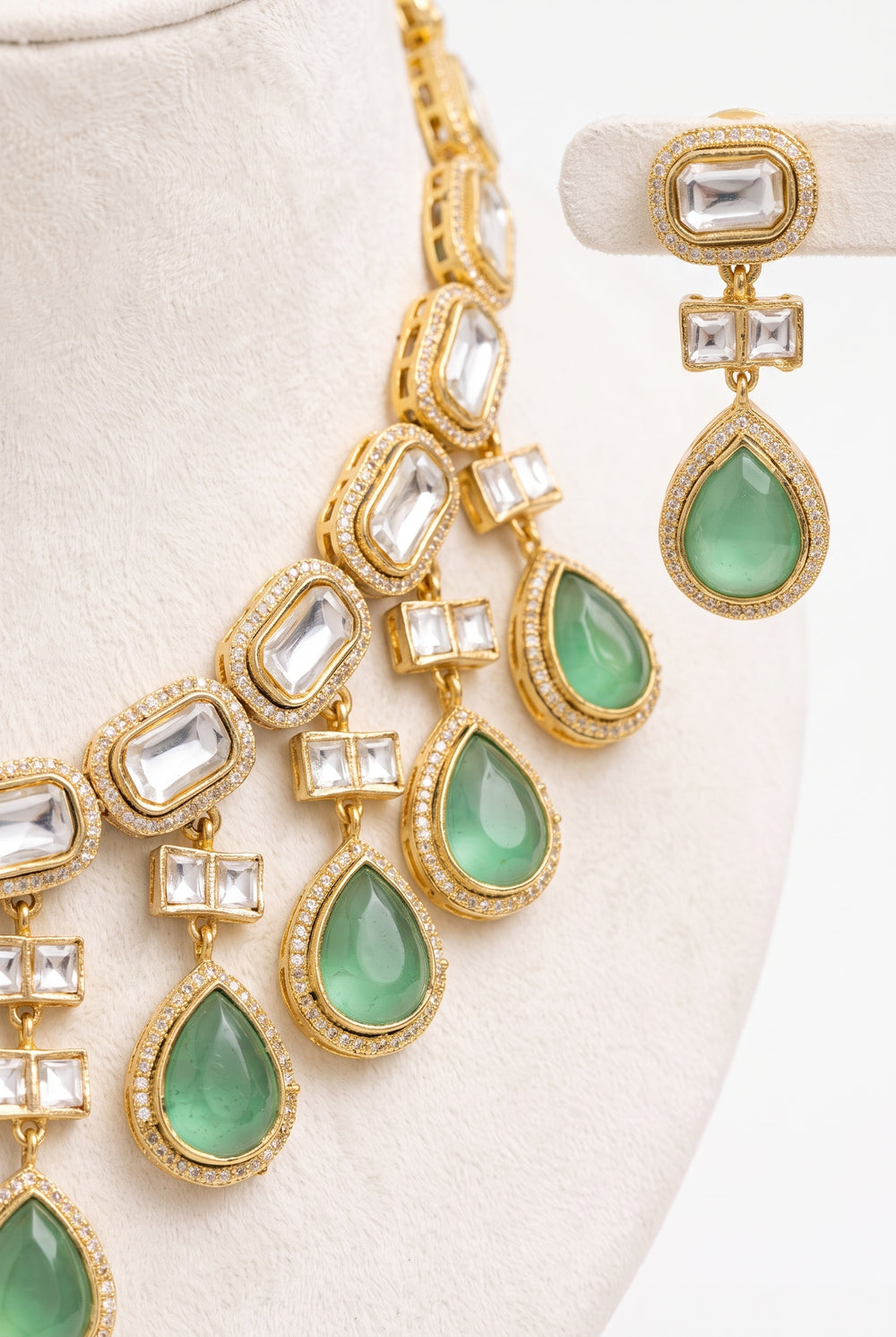 Mint Green Teardrop Kundan Polki Statement Necklace Set with Matching Earrings for Bridal and Festive Occasions