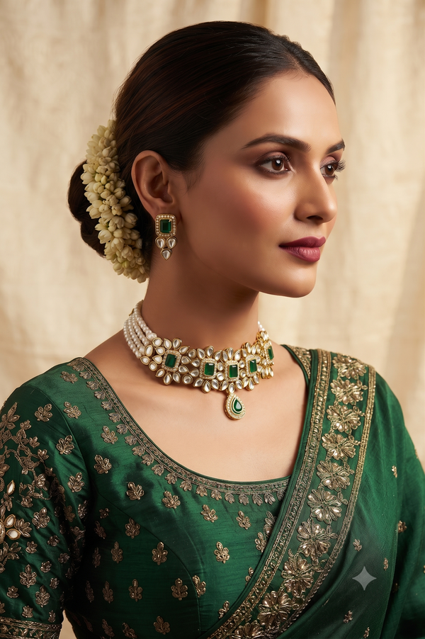 A woman wearing a gold-and-green statement necklace and earrings.