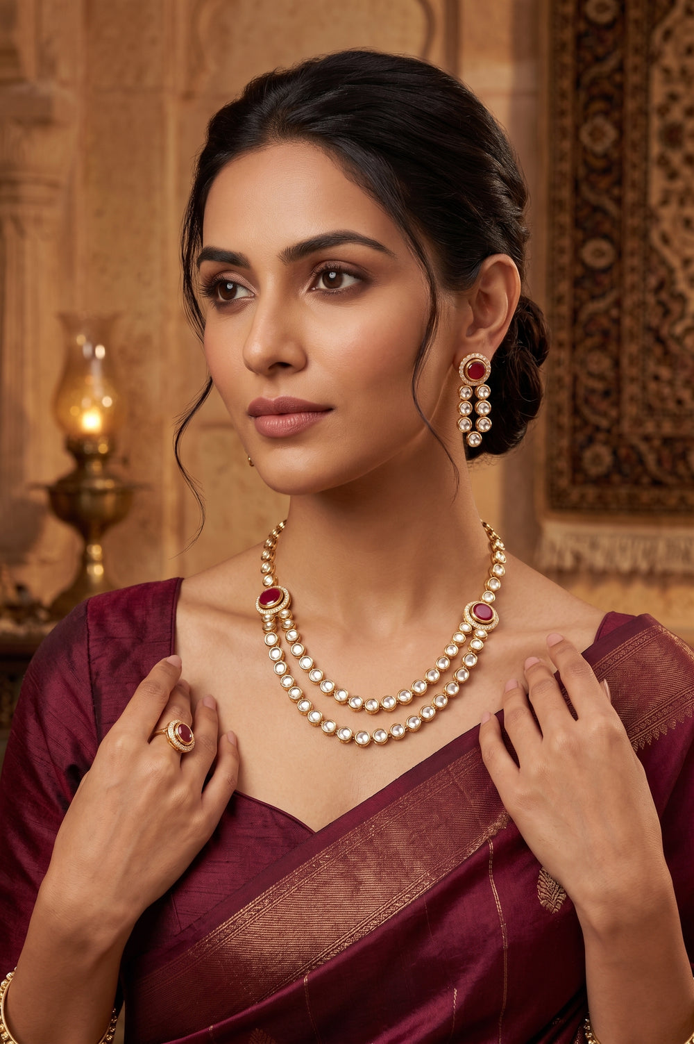 Gold-plated double-strand pearl necklace set with oval red gemstone accents, alongside matching drop earrings on a stand.