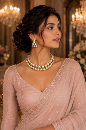 A woman wearing a double-row pearl necklace and matching drop earrings.